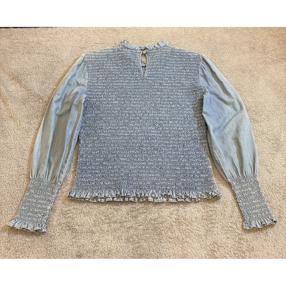 Veronica Beard Chambray Smocked Denim Top Ruffle Neck Puff Sleeve Blouse Women 2 - Picture 2 of 16
